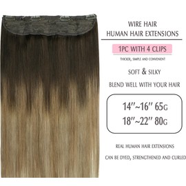 SURNEL Wire Hair Extensions Human Hair Dark Brown to Chestnut Brown and Dirty Blonde Highlighted Invisible Wire Hair Extensions 20 inch 80g(20,2/6/18)