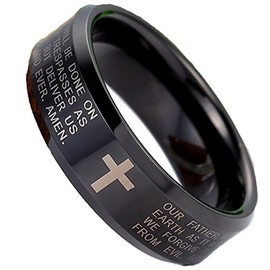 Men Women 8mm Tungsten Carbide Black Ring Engraved English Bible Lords Prayer Cross Band Ring For Her Him
