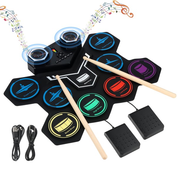 Electronic Drum Set，Marrilley 9 Drum Pad With Headphone Jack,Bigger Roll-up Drum Pad, Built-in Dual Stereo Speakers, Drum Sticks, Foot Pedals 10 Hours Playtime,Ideal Christmas Holiday Gift for Kids