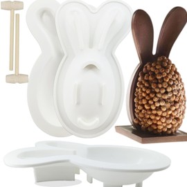 2 Pack Easter Bunny Silicone Mold for Chocolate with 2 Wood Hammers, Easter Bunny Molds for Baking Rabbit Jello Mold Bunny Ears Egg Chocolate Candy Molds Easter Gummy Cookie Soap Molds