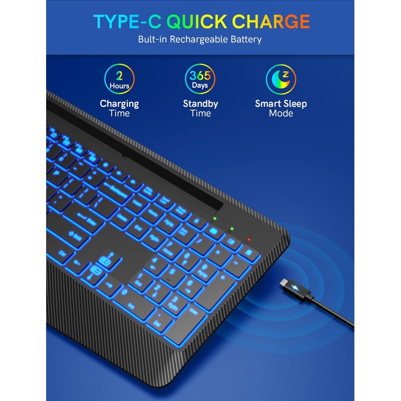 Wireless Keyboard with 7 Colored Backlits, Wrist Rest, Phone Holder,