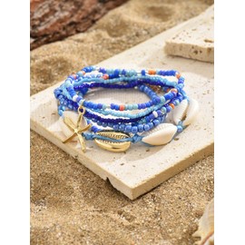 Hremhoo Shell Starfish Anklets Bracelet for Women Colorful Beaded Puka Shell Anklet Hawaiian Beach Seashell Starfish Conch Foot Jewelry Mermaid Jewelry for Women (blue)