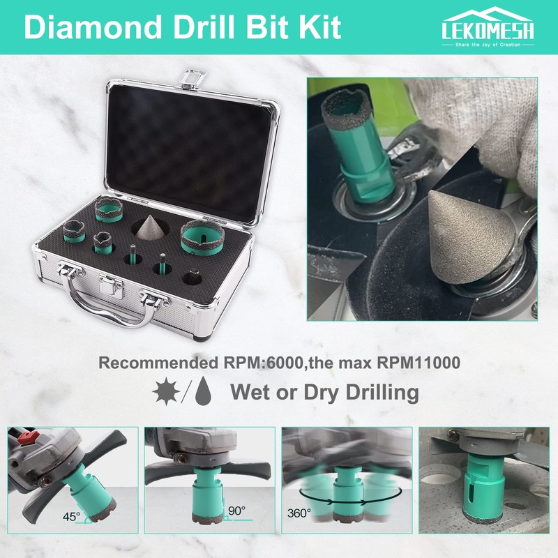 LEKOMESH Diamond Core Drill Bits Set 8pcs Tile Hole Saw
