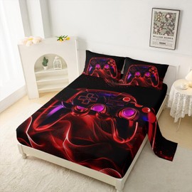 QOOMO Game Console Bedding Set Gaming Sheets for Teens - Red 3D Light Microfiber, Full Size, 1 Fitted, 1 Flat, 2 Pillow Cases