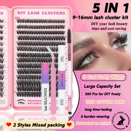 Lash Clusters Kit, 560 Pcs Eyelashes Clusters Kit 9-16mm Individual Lash Extension Kit D Curl Fluffy Wispy False Eyelashes (50D+60D, Lash Clusters Kit)