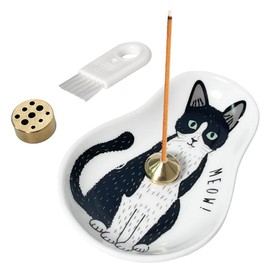 Umora Incense Holder, Incense Holder, Cat Pattern Plate, Cute, Interior Incense Burner, Healing Goods, Aroma, Present, Entryway, Length 3.9 inches (10 cm), Brush Included (Black and White Cats)