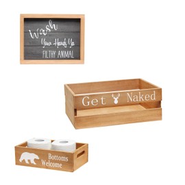 Elegant Designs HG3000-NCL Three Piece Decorative Wood Bathroom Set Large, Cabin,Lodge,Rustic (1 Towel Frame, 1 Toilet Paper Holder), Natural