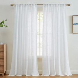HLC.ME Linda Faux Linen Textured Semi Sheer Privacy Sun Light Filtering Transparent Window Rod Pocket Long Thick Curtains Drapery Panels for Bedroom & Living Room, 2 Panels (54 W x 96 L, White)