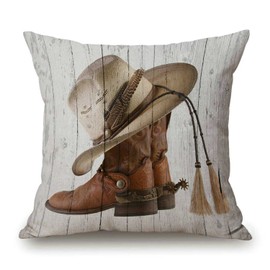 Solekla Western Cowboy Boots Throw Pillow Cover American Country Farm House Rustic Grey Wooden Decorative Pillow Case Cotton Linen Cushion Cover Decor 18x18 Inch Pillowcase for Home