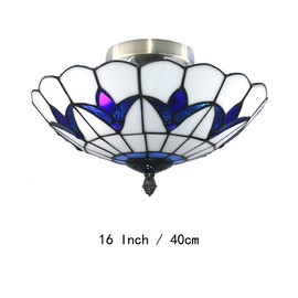 Skyweel 16 Inch Vintage Chandeliers Light Tiffany Style Ceiling Light Stained Glass Flush Mount Ceiling Lighting Fixture Lamp (16 Inch White Blue)