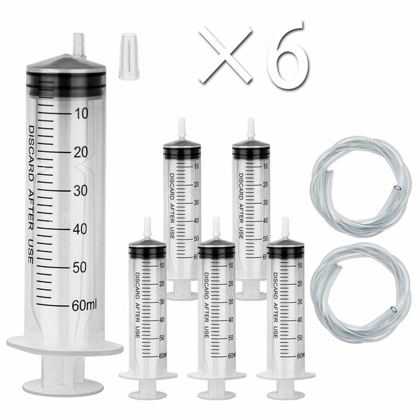 6PCS 60ML Plastic Sterile Syringe with Cap and Tubes 2*50cm