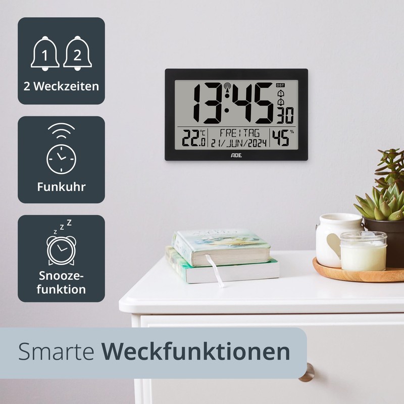 ADE Digital Radio-Controlled Clock with Large XL Display Calendar with