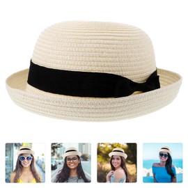 SEWACC Summer Straw Woven Hat, Beach Sun Hat Straw Sun Hat with Bow Colorful Woven Hats for Men Women (White)