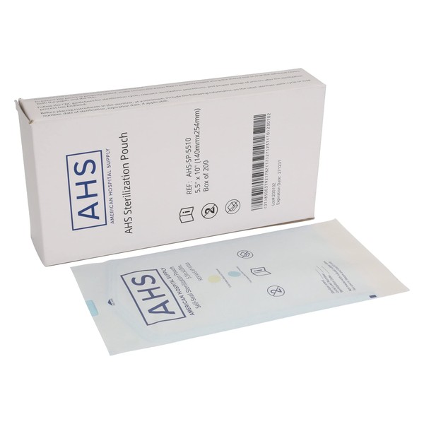 AHS American Hospital Supply Medical Sterilization Pouches Sterilizer Bags with Self Seal Color Coded Indicators Autoclave Pouches | Box of 200 Pack (5.5 in. x 10 in)