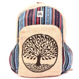 YAK & YETI Handcrafted Hemp Backpack from Nepal – Eco-Friendly, Durable, and Stylish with Adjustable Straps-Multi Pocket-Best for Travel and Hiking-Fits Laptop-For Men and Women-Tree of life Printed