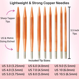 Lykke Cypra 3.5 in. Standard Set US Sizes 3, 4, 5, 6, 7, 8, 9, 10, 10.5 Interchangeable Circular Knitting Needles for Sport, DK, Worsted Yarn, Copper, 4 Swivel Cords, Brown VS Case, Project Bag