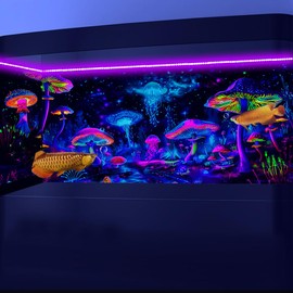 Dtekoj 72X24IN Blacklight Mushroom Jellyfish Aquarium Background UV Reactive Background Starry Sky Terrarium Background with 10 EVA Double-Sided Tape