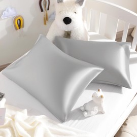 NTBAY Silk Satin Toddler Pillowcases, Small Pillow Case Pillow Cover 14x20 Inches with Envelope Closure, Soft and Silky Cooling Travel Pillow Covers for Nursery, Boys and Girls, Silver Grey, 2 Pack