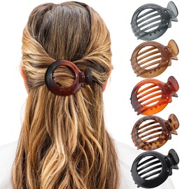 AWAYTR 5Pcs Flat Claw Hair Clips for Women with Thin & Thick hair, Non-slip Round Jaw Clamp for Lying Down Hollow Hairpin Clips (Amber, S for Thin Hair(L:3"*W:2.4"))