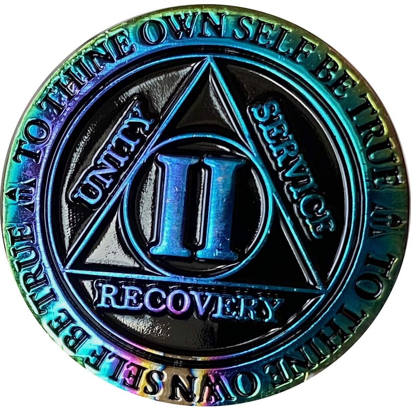 2 Year AA Medallion Reflex Rainbow Plated Black Sobriety Chip