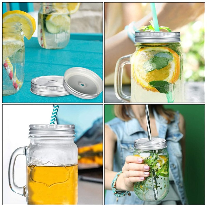 LABRIMP 4pcs Stainless Steel Mason Jar Lids with Straw Hole
