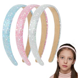Cosmeria Pack of 3 Glitter Sequins Girls' Headbands, Non-Slip Glitter Hair Bands, Headband for Children and Girls, Sparkling Hair Accessories (White + Pink + Blue)