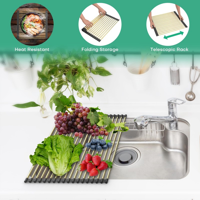 AXIMIXAME Expandable Large Draining Rack, Roll Up Heat-Resistant Dish Drainer