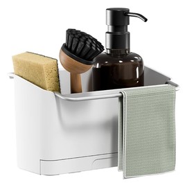 tesa Sink Organiser for Gluing No Drilling - Sponge Holder Kitchen, Dish Brush Holder & Dish Cloth Holder Dish Brush, Sponge and Dish Cloth - Slim - Modern Kitchen Accessories Wall Mounted - White