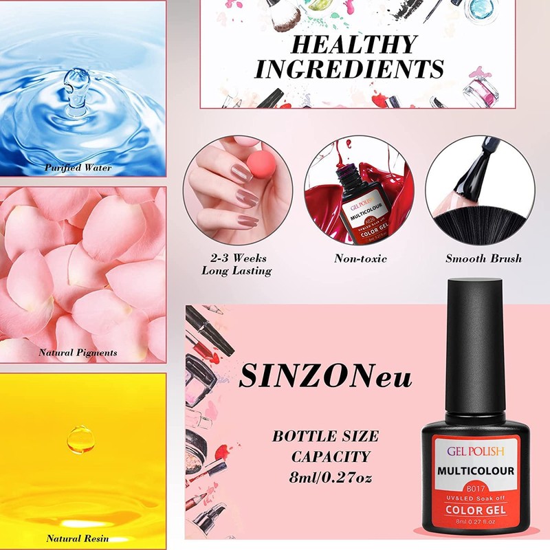 SINZONeu Gel-Nagellack-Set, 45 lebendige Farben, sichere Inhaltsstoffe, langanhaltend, mit Unterlack,