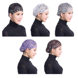 Vpang 5 Pack Womens Muslim Inner Hijab Caps Shiny Lace Head Cover Stretch Beanie Turban Hat Chemo Cap Headwrap Cover (Set 4)