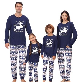 YEAXLUD Family Christmas Bluey Pajamas Matching Sets for Women Couples Mens Ladies Comfy Adult Sleepwear Xmas Pjs Cute Pijamas Reindeer and Merry Christmas Printed Jammies(Running Blue Deer Set,4-5)