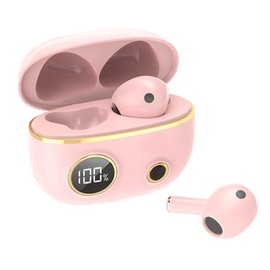 eDealz in-Ear Wireless Bluetooth 5 Headphones, Earbuds IPX5 Waterproof with Microphone Rechargeable USB C Case with Round LCD Display for Smartphones Android iOS (Pink)