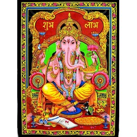 Color Decor Lord Ganesha Golden sequins batik Cotton Wall Hanging Tapestry Hindu God Ganeshji Hand Printed Poster Size 43"x30" Inches