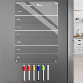 Todkoding 9"x13" Clear Weekly Meal Planner Magnetic Acrylic Board,Acrylic Magnetic Dry Erase Board for Fridge, Magnet Week Calendar for Refrigerator Includes 6 Colors Markers and Pen Container