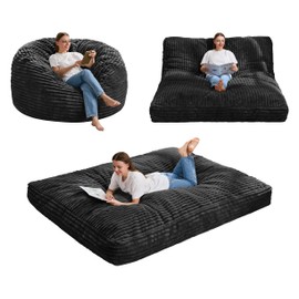 Hobestluk Bean Bag Chair Convertible Beanbag Chairs for Adults, 3 in 1 Bean Bags with Stripe Cover, Adult Bean Bag Chair for Living Room, Bedroom (Black, Queen)