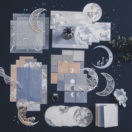 Doraking 63PCS Moon Embellishment Scrapbook Paper Packs for Journaling Supplies, Material Papers Memos Stamps Cards for Journals Planners Aesthetic DIY Art Crafts Collage Album