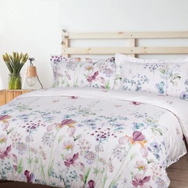 Lanqinglv Bed Linen 135 x 200 cm White Purple Leaves Flowers Pattern Plants Reversible Bed Linen Set Colourful Microfibre Renforce Duvet Cover with Zip and Pillowcase 80 x 80 cm