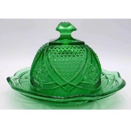 Generic Antique green domed depression glass butter dish 1900 Era.