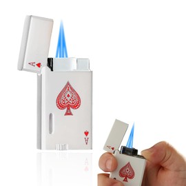 JEOKWMS Dual Jet Torch Butane Lighter Refillable Metal Poker Cards Lighters, Visible Window, Cool Unique Gifts for Men Birthday Candles BBQ Camping (No Butane Fuel) (White)