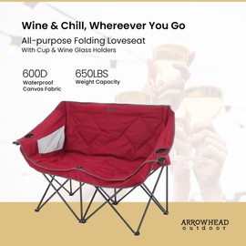 ARROWHEAD OUTDOOR 2-Pack Portable Folding Camp Loveseat Chair w/Glass & Cup Holders, Heavy Duty Carry Bag, 650 lbs Weight Capacity