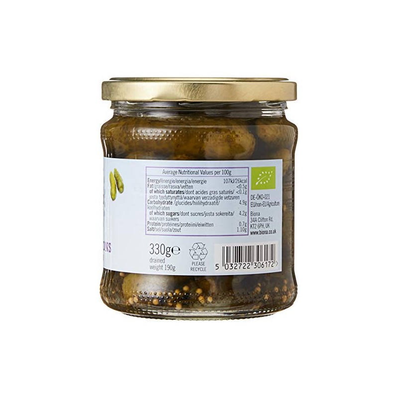 Biona Cornichons with Dill & Mustard Seeds, 330 g