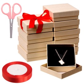 Tanstic Cardboard Jewellery Gift Boxes Kit, 3.5 x 3.5 x 1.2 Inch Beige Gift Cardboard Boxes Jewellery Boxes with 74 ft Red Ribbon and Scissor for Rings, Necklaces, Earrings, Bracelets, Pack of 12