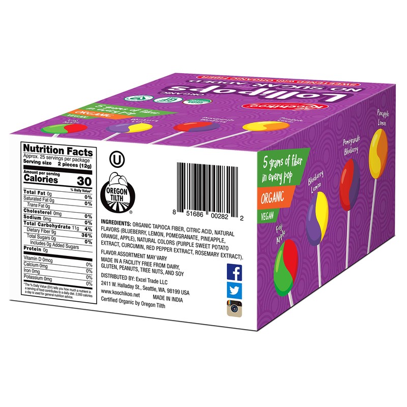 Koochikoo Sugar Free Organic Lollipop Display Box, 50 CT