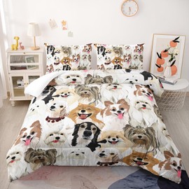 Nttopship Cartoon Dog Comforter Set Full Size，Cute Dog Bedding Set for Kids Teens and Adults Soft Microfiber All Season(1 Comforter & 2 Pillowcases)