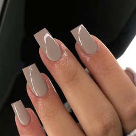 Milk Tea Press on Nails Long Square, KXAMELIE Medium Coffin Nails Press ons Long Glue on Nails Natural Thick Fake Long Nails Acrylic Nails Reusable 24 Fake Nails Solid Color False Nails for Women