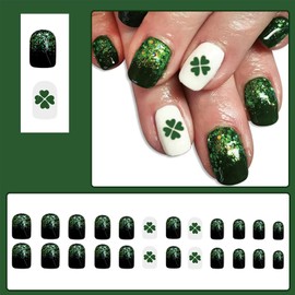 LBPEPAMZ 24Pcs St. Patrick's Day Press on Nails Short Square Fake Nails with Shamrock Designs Green Gradient Glitter French Tips Acrylic False Nails White Full Cover Glossy Stick on Nails for Women