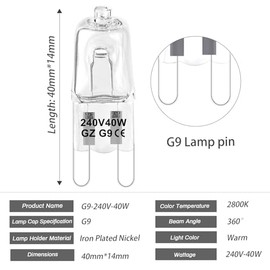 JOPHEK JOPHEK G9 halogen bulbs, 12 x halogen 220V 40W pin base lamp, dimmable halogen lamp suitable for high temperatures, halogen pin base lamp for ovens and microwaves, extractor hoods