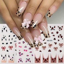 3Sheets French Leopard Nail Stickers Bow Nail Decals 3D Self-Adhesive Leopard Bows Design Pink Brown Leopard Print Dot Sticker French Tip Nail Art Sticker Charm for Women DIY Nail Decorations