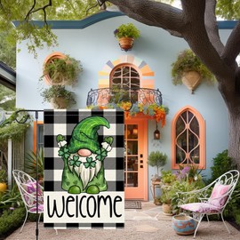 Welcome St Patricks Day Shamrocks Garden Flag 12x18 Inch Double Sided Gnome Flag for Outside Small Burlap Buffalo Plaid Holiday Yard Flag Decorations