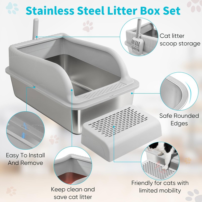 2PACK XXL Stainless Steel Litter Box with Lid, Extra High